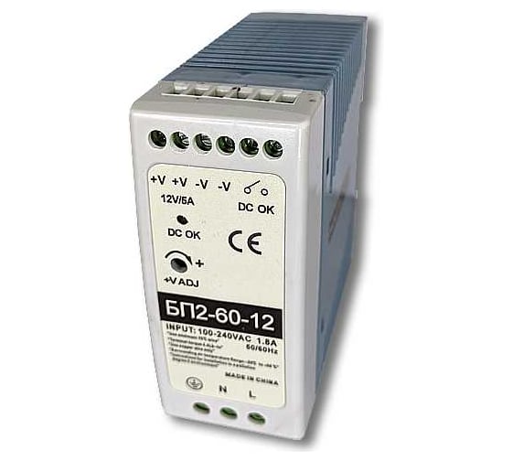 Изображение товара Блок питания ТЕКО БП2-60-12, максимальная мощность 60 ВТ, выходное напряжение 12 В DC, размер 22,5х90х100, 07-00035699