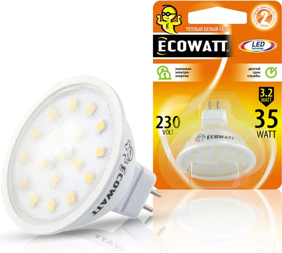 Изображение товара Светодиодная лампа ECOWATT GU5.3, 230В, 3.2(35)W, 2700K, GU5.3, теплый белый свет 4606400613213