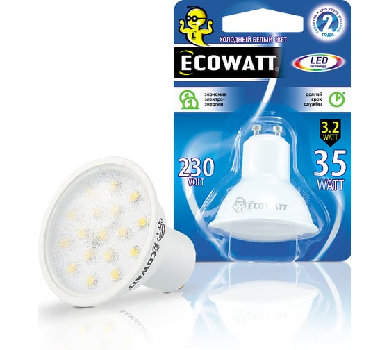 Изображение товара Светодиодная лампа ECOWATT GU10, 230В, 3.2(35)W, 4000K, GU10, холодный белый свет 4606400614029