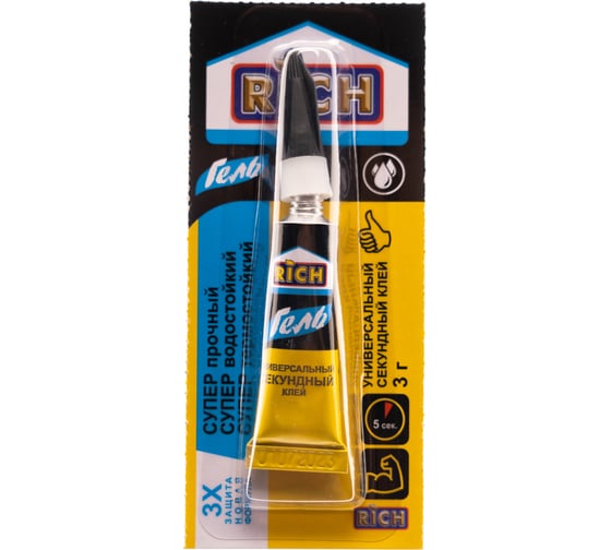 Изображение товара Секундный супер клей-гель RICH прозрачный, универсальный, 3 мл, блистер 116115