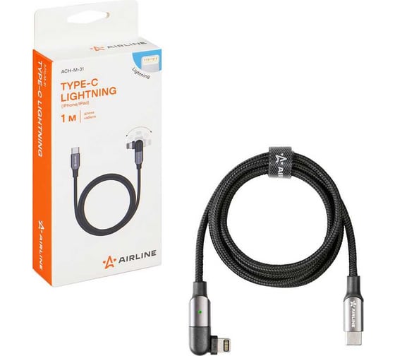 Изображение товара Кабель Airline Type-C - Lightning (Iphone/IPad) 1м, с поворотным коннектором, черный нейлоновый ACH-M-31