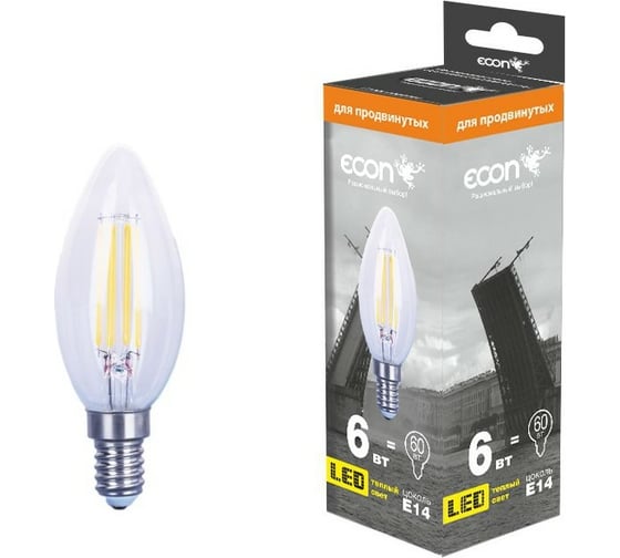 Изображение товара Светодиодная лампа ECON LED CN 6Вт E14 2700K B35 FIL 926011