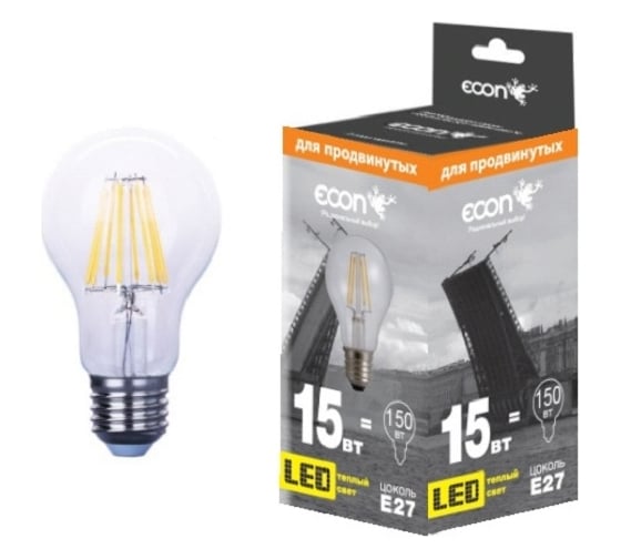 Изображение товара Светодиодная лампа ECON LED A 15 Вт E27 3000K A65 FIL 901521
