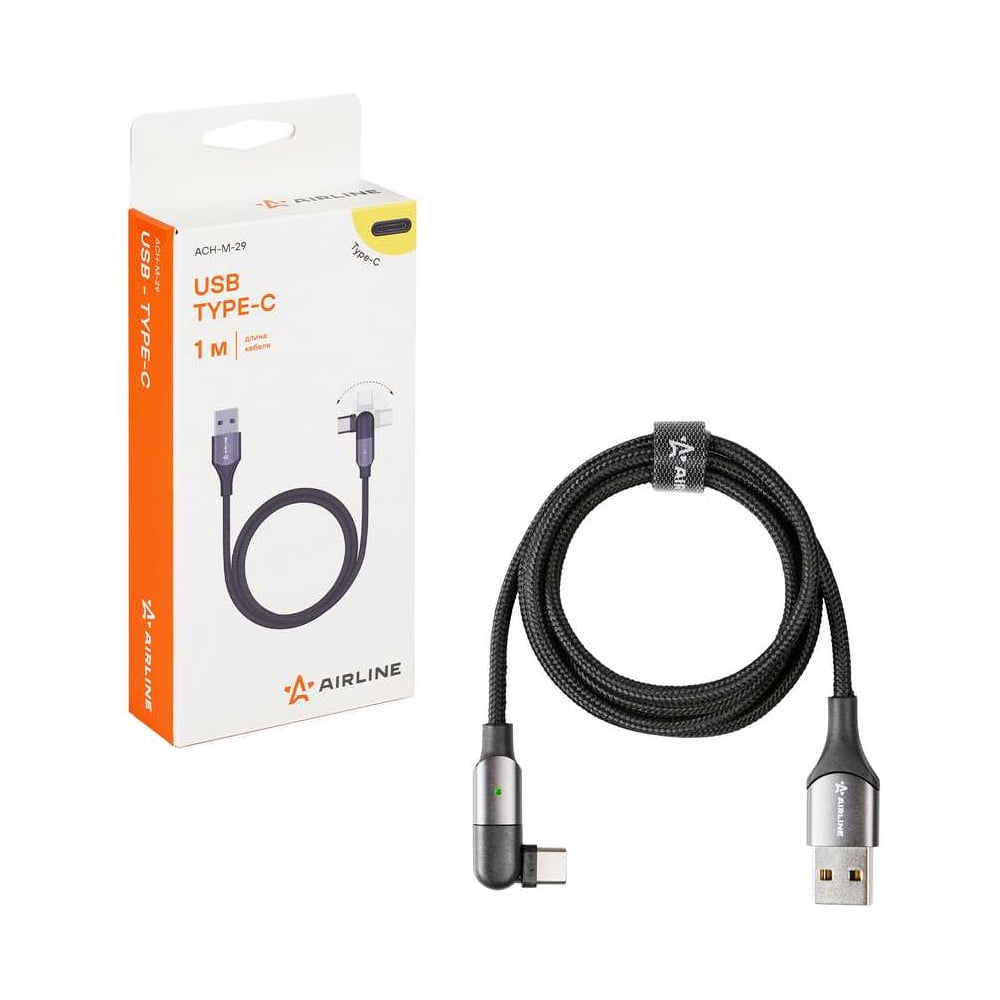Изображение товара Кабель Airline USB Type-C 1м, угловой, черный нейлон, ACH-M-29