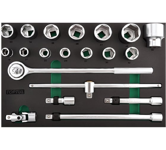 Изображение товара Набор головок и аксессуаров TOPTUL 3/4DR, 6-гранных, 19-50 мм, 20 предметов в мягком ложементе GVD2010