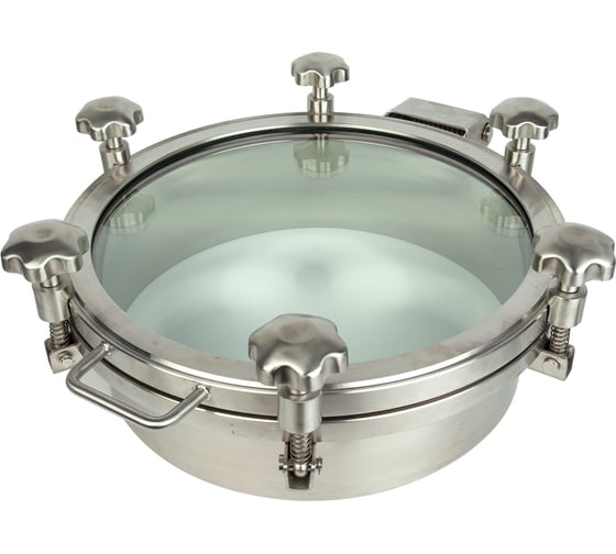 Изображение товара Люк круглый ТПК «Московия» DN500x100 мм, со стеклянной крышкой, давление до 3 бар, уплотнение EPDM, AISI304, 6 ручек ЛС-500епдм