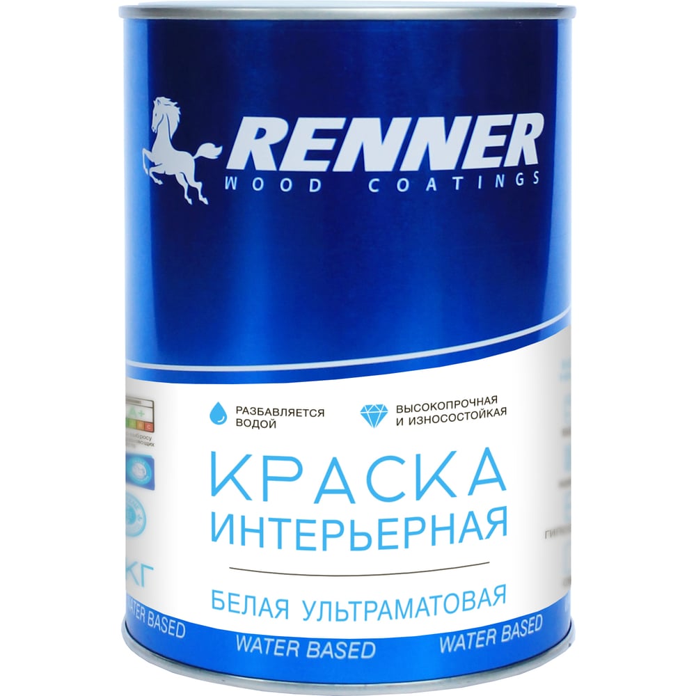 Изображение товара Интерьерная акриловая краска RENNER белая 1кг для стен потолков быстро сохнущая