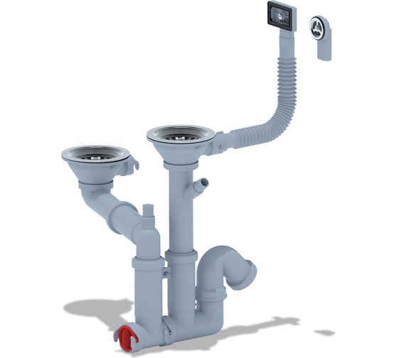 Изображение товара Cифон АНИ Пласт 3 1/2"x40 мм, двойной, смещенный, с отводом для стиральной машины, с гибким круглым и прямоугольным переливом F7500S