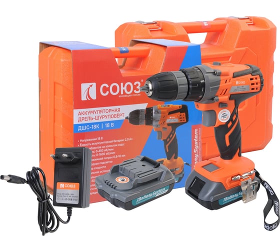 Изображение товара Аккумуляторная дрель Союз 18 В, 1BatterySystem, 2 аккумулятора, 2 Ач ДШС-18К