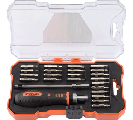 Изображение товара Набор отвертка трещоточная со сменными вставками АвтоDело 24 предмета, пластиковый футляр 30727 16899