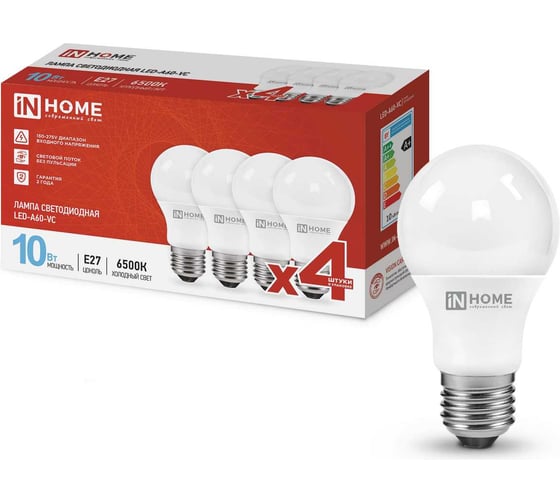 Изображение товара Лампа светодиодная IN HOME LED-A60-VC 4PACK 10Вт 230В Е27 6500К 950Лм (4шт./упак) 4690612047652