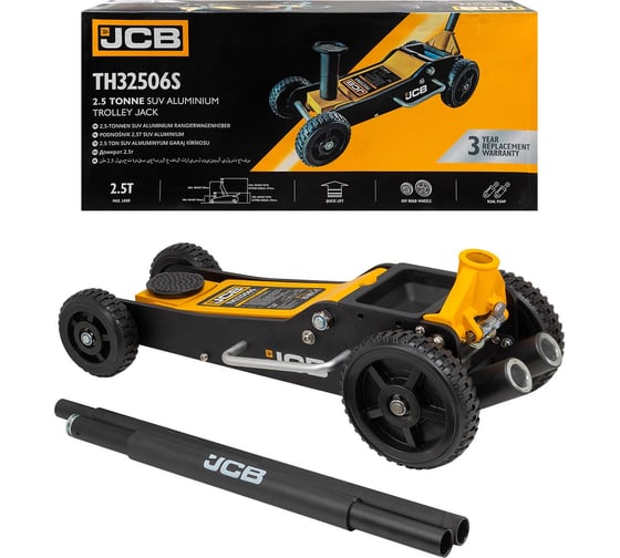 Изображение товара Подкатной гидравлический домкрат JCB на резиновых колесах в комплекте с удлинителями 2.5т, h min 140мм, h max 677мм, удлин.76x54мм 2 шт., колеса 150/200мм JCB-TH32506S(57362)