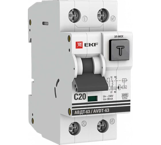 Изображение товара Дифференциальный автомат EKF PROxima АВДТ-63, 20А, 30мА, характеристика C, электро-механический, тип AC, 6кАDA63-20-30-AC