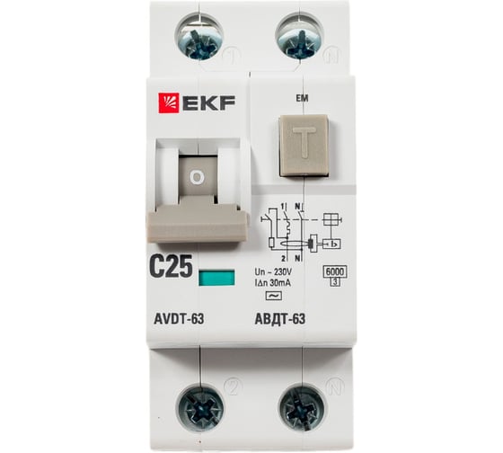 Изображение товара Дифференциальный автомат EKF PROxima АВДТ-63, 25А, 30мА, характеристика C, электро-механический, тип AC, 6кА DA63-25-30-AC