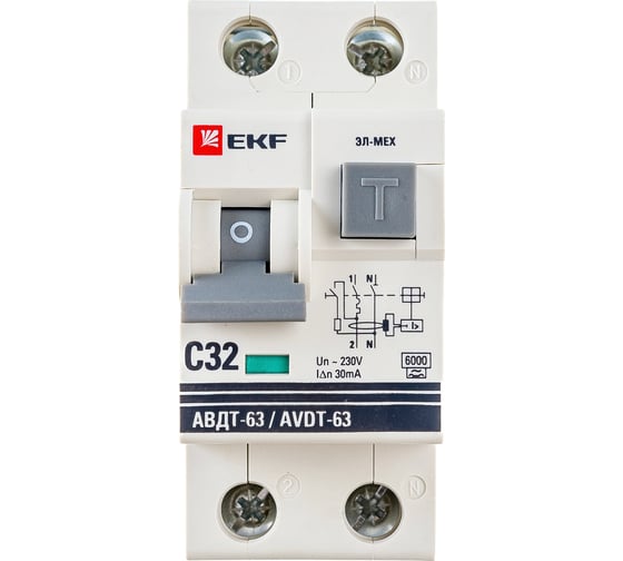 Изображение товара Дифференциальный автомат EKF PROxima АВДТ-63, 32А, 30мА, характеристика C, электромеханический, тип AC, 6кА DA63-32-30-AC
