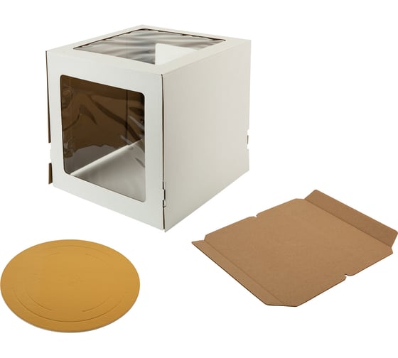 Изображение товара Кондитерская коробка для торта S-CHIEF с 3 окнами + подложка, 26.5х26.5x29 см BFC-033 765845
