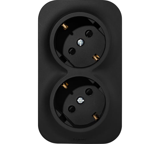 Изображение товара Розеточный блок двойной Legrand с заземлением Quteo с предварительным подключением со шторками IP20 16А 250В винтовые зажимы накладной монтаж - черный матовый 782475