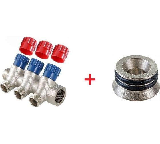 Изображение товара Комплект Valtec _16 VI7 Коллектор с регул. вентилями, 1x3 вых. 1/2 нар. VTc.560.N.0603 + Адаптер д/коллектора /конус-плоскость/ 1/2 VTc.701.N.04 VT.VI7.K16.5600603.701