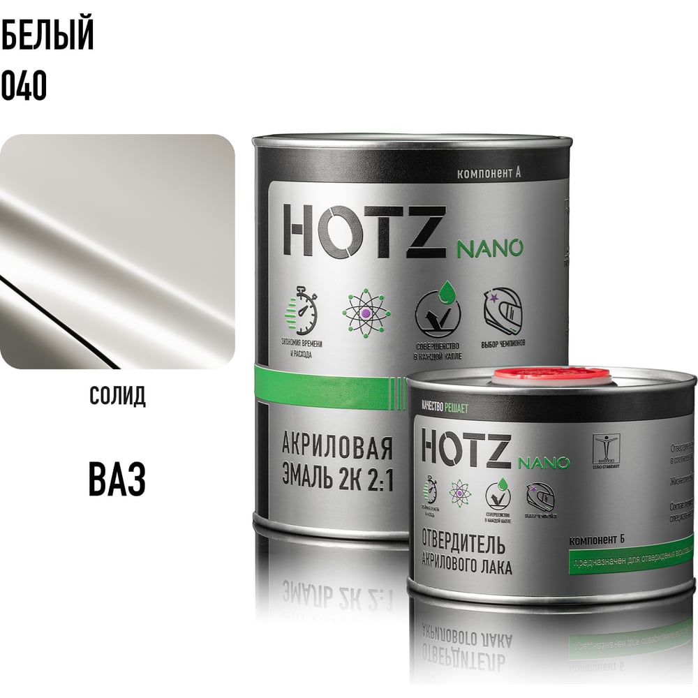 Акриловая эмаль HOTZ 2К 2:1, Белая 040, Комплект (эмаль: 1000 мл + отвердитель: 500 мл) 4673755217953