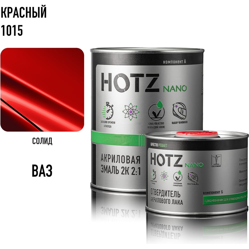 Изображение товара Акриловая эмаль HOTZ 2К 2:1, красная 1015, комплект (эмаль: 1000 мл + отвердитель: 500 мл) 4673755216635 Изображение товара Акриловая эмаль HOTZ 2К 2:1, красная 1015, комплект (эмаль: 1000 мл + отвердитель: 500 мл) 4673755216635