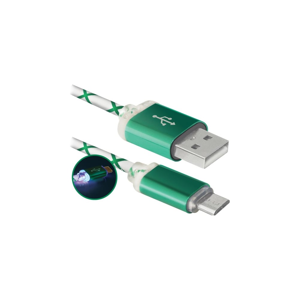 фото Usb-кабель defender usb08-03lt usb2.0 зеленый, led, am-microbm, 1м 87557