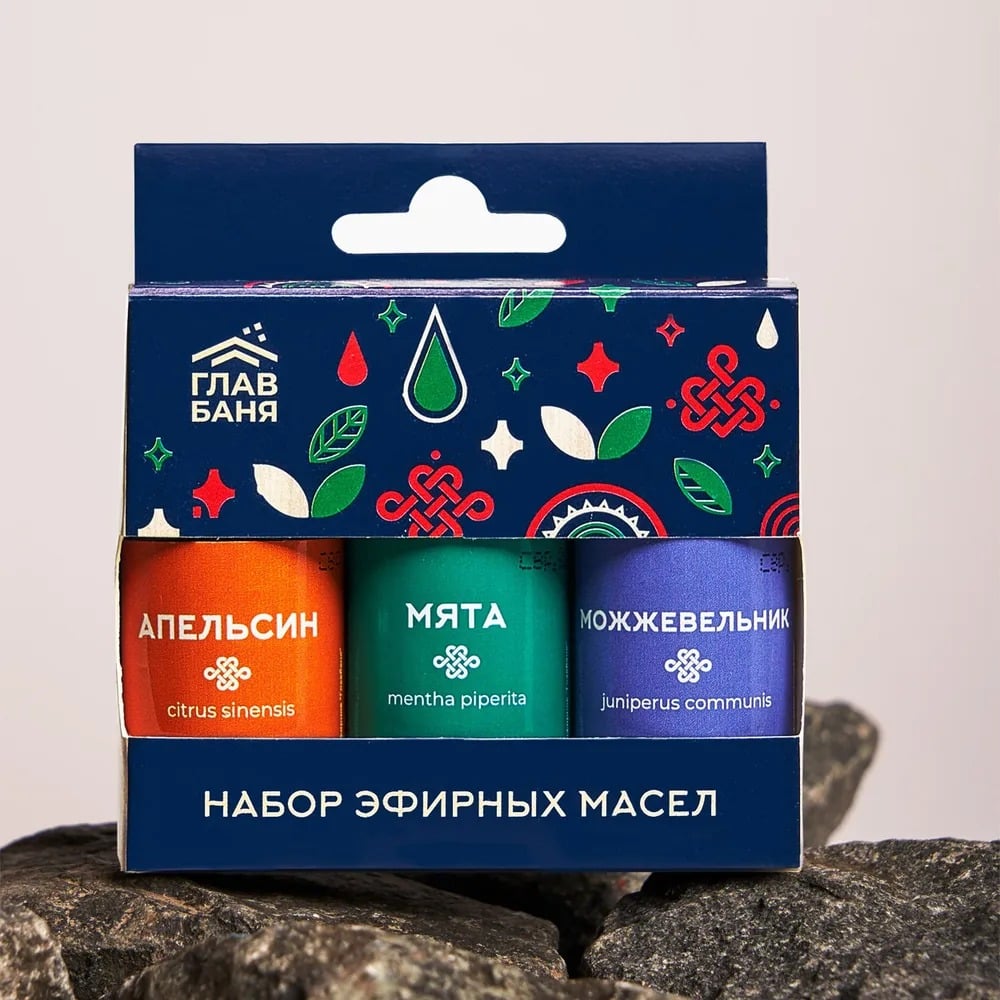 Изображение товара Набор масел эфирных ГлавБаня апельсин, мята, можжевельник, 3x15мл Б703.