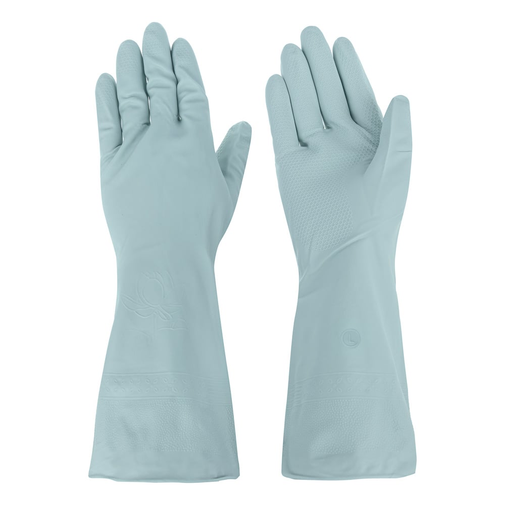 Изображение товара Перчатки хозяйственные VETTA прочные L ПВХ бесшовные серо-голубые