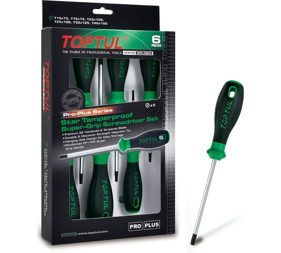 Изображение товара Набор отверток TOPTUL TORX с отверстием T10-T40 серии Pro-Plus, 6 предметов в картоне GFE-0603