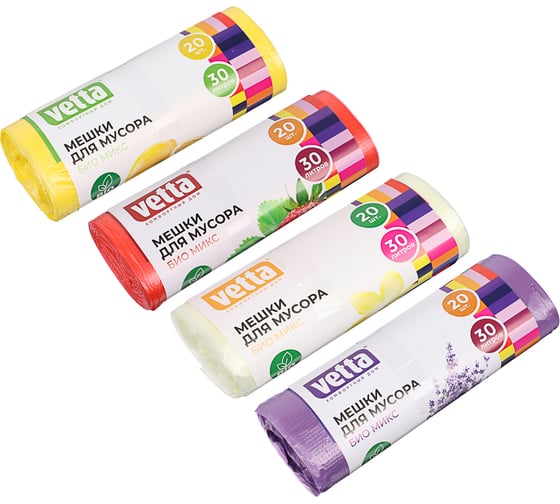 Изображение товара Мешки для мусора VETTA БИО 30 л, 20 шт, стандарт, 4 аромата(ваниль, клубника,лимон, лаванда), рулон 449-036