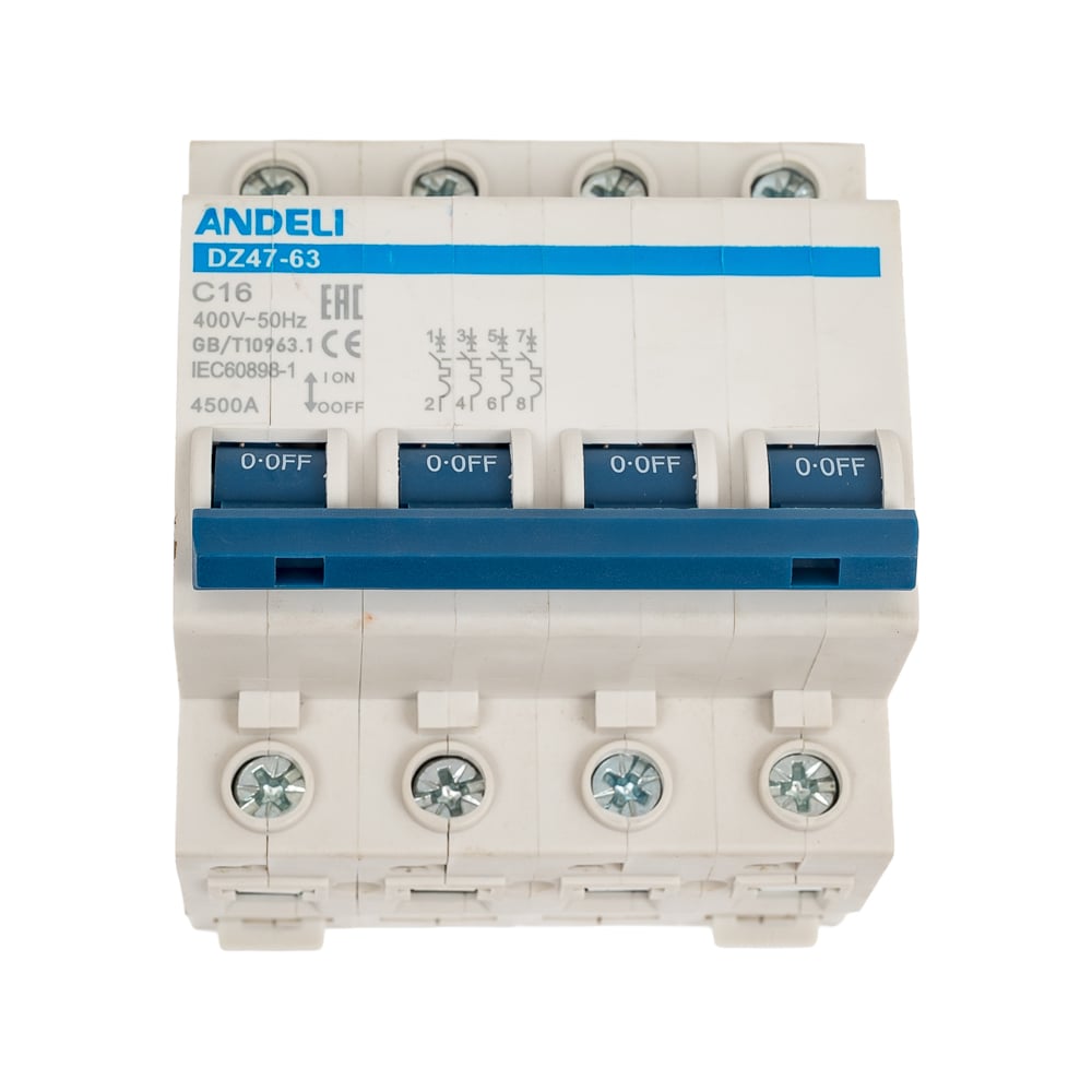 Изображение товара Автоматический выключатель ANDELI DZ47-63/4P 16A 4.5kA тип C для защиты цепей