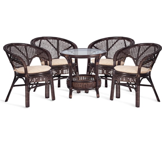 Изображение товара Комплект Tetchair "PELANGI" 02/15 стол со стеклом + 4 кресла, с подушками, ротанг, кресло 65x65x77 см, стол 64x61 см, walnut (грецкий орех) 15198