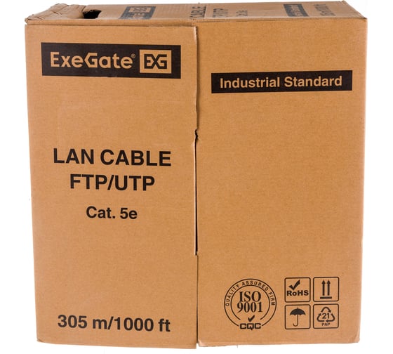 Изображение товара Кабель UTP ExeGate 2 пары, категория 5e, медь, 24AWG, бухта 305м, серый, PVC 281821
