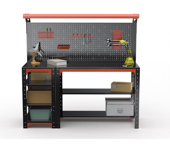 Изображение товара Стол металлический ООО Металекс серия KIT 750x1600x400 мм, с бок. полками, перфопанелью и комплектом освещения, ОЧ 201309
