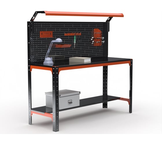 Изображение товара Стол металлический ООО Металекс серия KIT 750x1200x500 мм, одна полка + перфопанель с комплектом освещения, ОЧ 201279