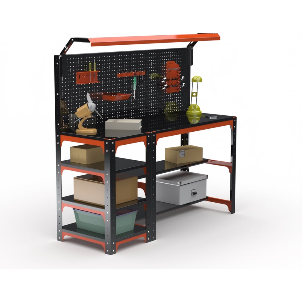 Изображение товара Стол металлический ООО Металекс серия KIT 750x1400x400 мм, с бок. полками, перфопанелью и комплектом освещения, ОЧ 201308