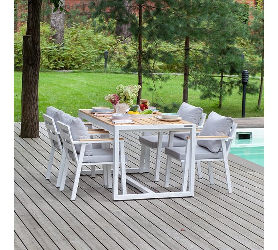 Изображение товара Набор садовый обеденный GreenWeen SANTORINI, цвет белый/светло-серый 5 предметов: стол 1500x870 и 4 стула, GW-AL-SANT-DINNER-W-LIN-S4 GW-AL-SANT-DIN-W-LIN-S4