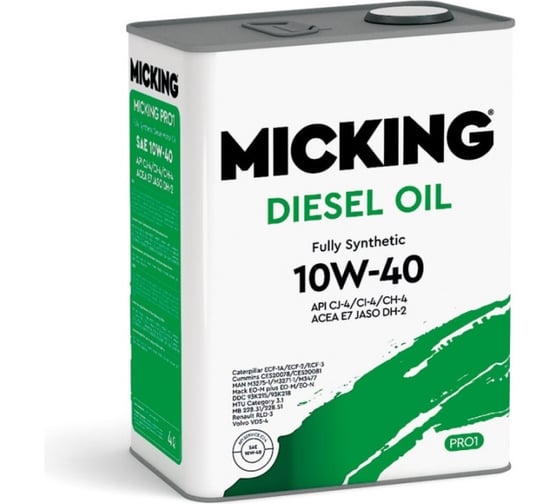 Изображение товара Моторное масло Micking Diesel Oil PRO1 10W-40 синтетическое API CJ-4/CI-4/CH-4 ACEA E7 A3/B3 для дизельных двигателей 4л M1134