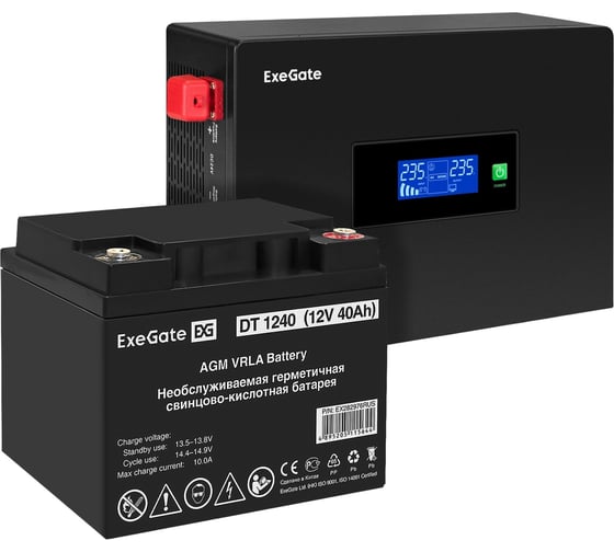 Изображение товара Комплект ИБП ExeGate EX295992RUS + батарея 40Aч EX282976RUS 1шт инвертор, синус, для котла, PF=1, настенный IdealSine SR-600.LCD.2SH 600VA/600W, чистая синус 297384
