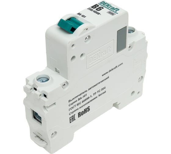 Изображение товара Автоматический выключатель (АВ) DEKraft ВА-101, 1 Р, 6 А, хар-ка B, 4.5 кА 11004DEK