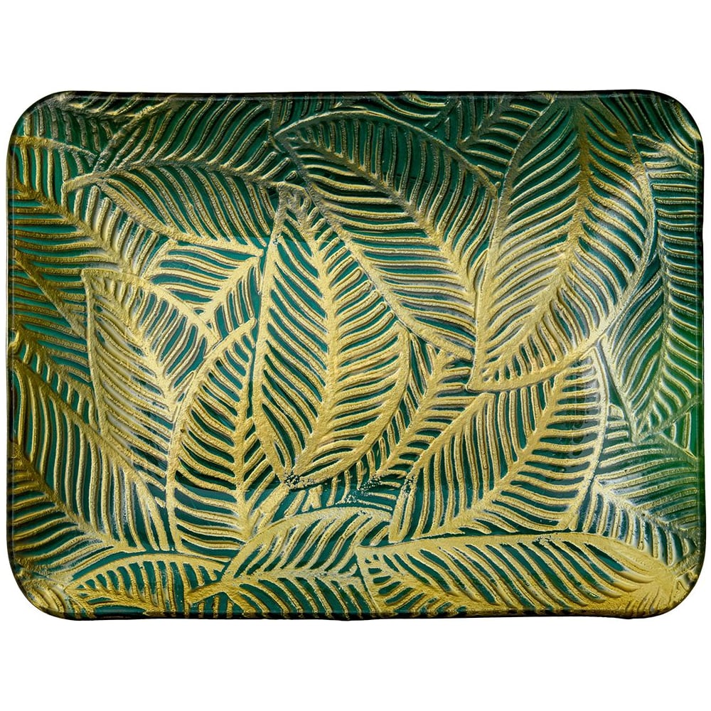 Изображение товара Блюдо стеклянное ВеЩицы прямоугольное Листья, Д305 Ш225 В25, зеленый, золотой Tin-18