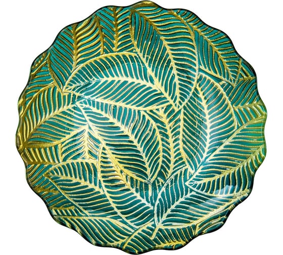 Изображение товара Блюдо стеклянное ВеЩицы с волнистыми краями Листья, D305, зеленый, золотой Tin-20