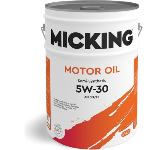 Изображение товара Моторное масло Micking Motor Oil EVO2 5W-30 полусинтетическое API SN/CF для бензиновых и дизельных двигателей 20л M2152
