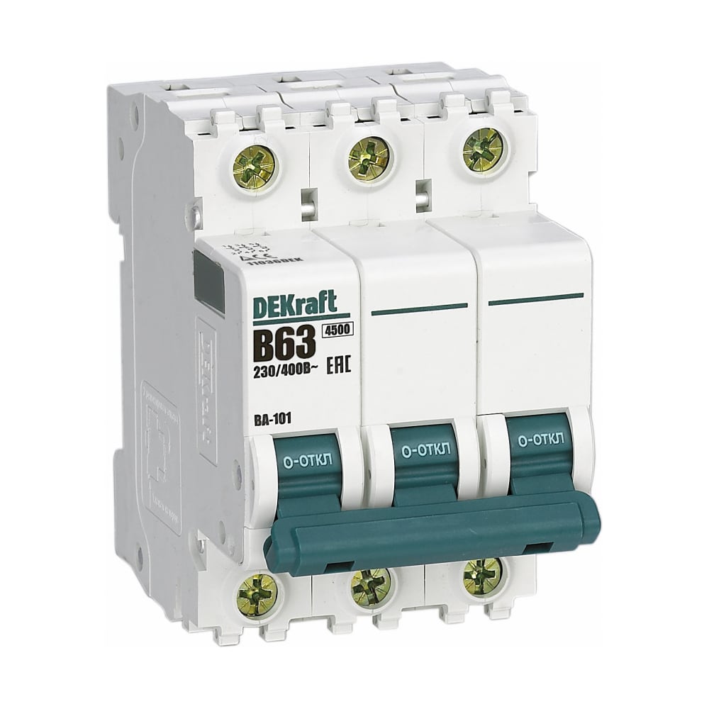 Изображение товара Автоматический выключатель Dekraft ВА101-3Р-063А-B, 63 А, 3 полюса, IP20