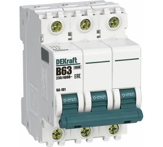 Изображение товара Автоматический выключатель (АВ) ВА-101, 3 Р, 63 А, хар-ка B, 4.5 кА Dekraft 11036DEK