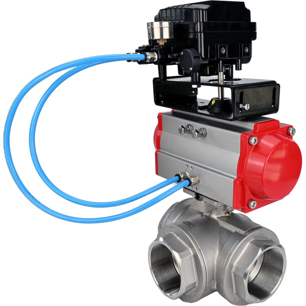 Изображение товара Шаровой кран DN.ru RP.SS316.200.MM Ду25 Ру63 пневмопривод трехходовой нержавеющая сталь