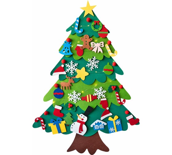 Изображение товара Фетровая ель с игрушками 102x68 см, 32 украшения, 3 м гирлянда, , Золотая сказка 592141