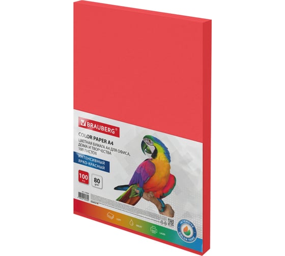 Изображение товара Бумага цветная, А4, 80г/м2, 100 л., интенсив, ЯРКО-КРАСНАЯ, для офисной техники, BRAUBERG 116562