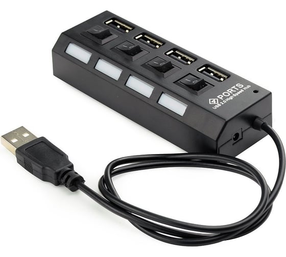 Изображение товара Разветвитель Gembird USB2.0 4хUSB, блок питания 2А, подсветка и выкл, кабель USB 55см, черный, UHB-U2P4-02A