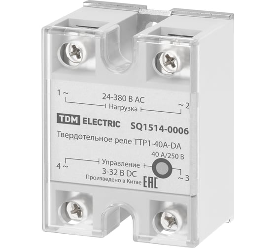 Изображение товара Твердотельное реле TDM ELECTRIC ТТР1-40А-DА, 1ф, 40А, упр: 3-32В DС, нагр: 24-380В АС TDM SQ1514-0006