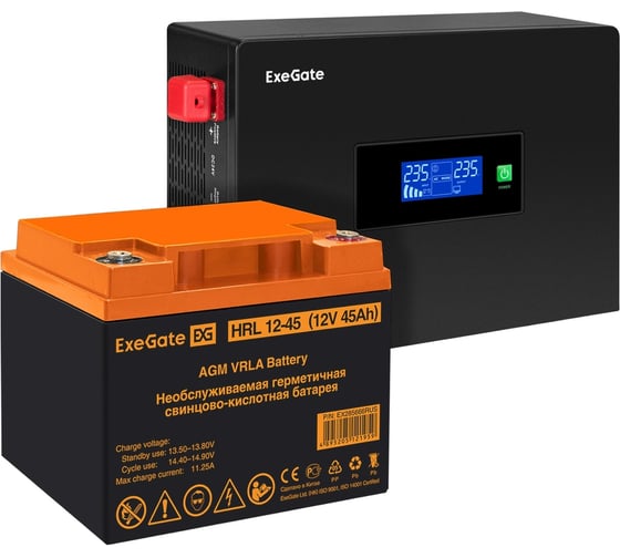 Изображение товара Комплект ИБП ExeGate EX295993RUS + батарея 45Aч EX285666RUS 1шт инвертор, синус, для котла, PF=1, настенный IdealSine SR-1000.LCD.2SH 1000VA/1000W, чистая синусоида 297409